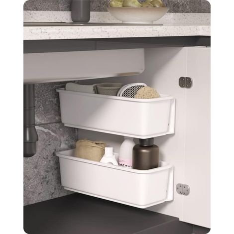 Lot de 2 tiroirs coulissants pour rangement sous évier, paniers de rangement muraux coulissants pour épices, accessoires de douche et garde-manger (blanc) (1/4)