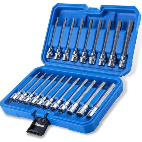 Satz mit 20 extra langen 3/8"-SAE- und metrischen (1/8" bis 7/16", 3 mm bis 12 mm) Sechskant-Steckschlüsseln für Schlagbohrmaschinen und Ratschen, aus CR-V- und S2-Stahl, mit Aufbewahrungskoffer (1/5)