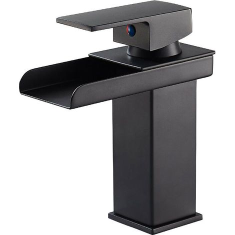 Robinet de lavabo à quatre côtés en cuivre fin, robinet à cascade à large gueule de peinture noire, lavabo de salle de bain, robinet mélangeur chaud et froid (1/5)