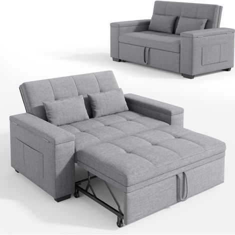 Sofá Cama 2 Plazas Convertible Bealife Sillón con 2 Cojines Rueda Plegable Espacio de Almacenaje Tela de Lino Estructura de Madera Metal Gris Claro 157 × 72 × 84 cm (1/5)