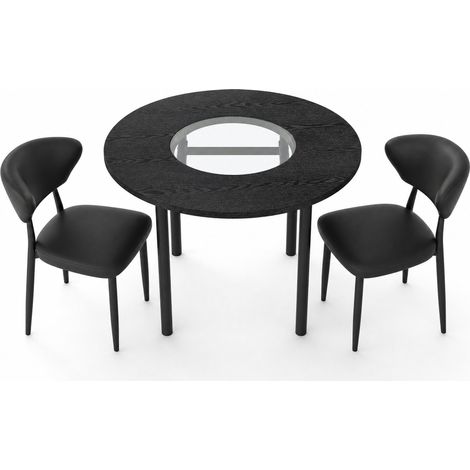 Esstisch-Set rund schwarz 100 cm mit 2 PU-Stühlen und Glaseinsatz (1/5)