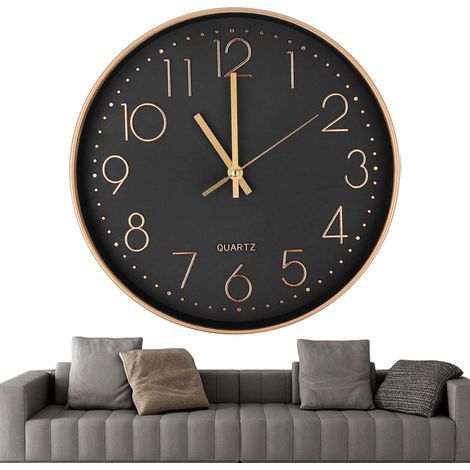Modern Round Wall Clock, No Ticking Sound, Children's Clock, Large Size, Silent Movement, Gold/Black (1/5)