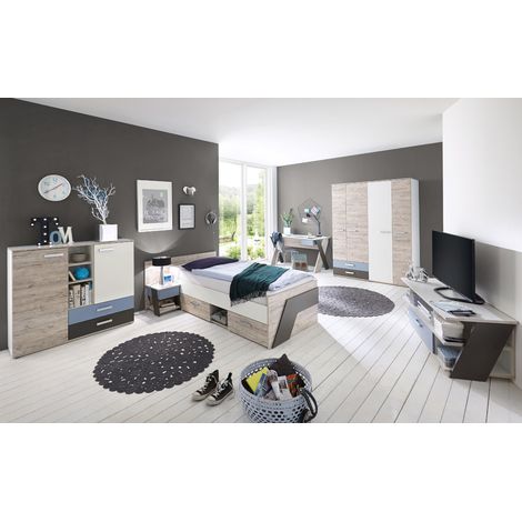 Jugendzimmer Set mit Schreibtisch 6-teilig LEEDS-10 in Sandeiche Nb. mit weiß, Lava und Denim Blau (1/5)