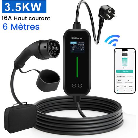 Câble de recharge voiture électrique Type 2 16A 3.5kW monophasé 6m – Charge rapide programmable – Plastique TUV – IP44/IP65