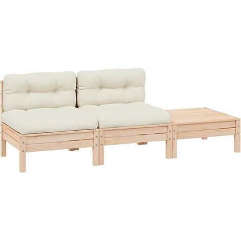 Ensemble de mobilier de jardin trois pièces, avec coussins beiges, en pin massif. (1/5)