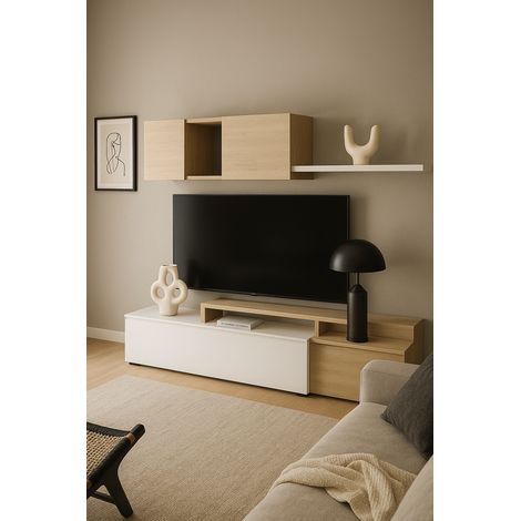 Parete Attrezzata Mobile Soggiorno TV con Mensola Pensile Salotto Legno Base Televisione Sala da Pranzo Design Moderno Modulare Reversibile Adelaide 201 x 41 x 44 cm Colore Bianco e Rovere (1/5)