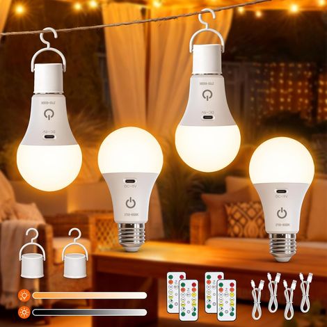 Lot de 4 E27 Ampoules Rechargeables Avec Télécommande, Touch Control Ampoule Sans Fil E27, 3 Températures de Couleur, 7W Dimmable, Touch Control, Ampoule LED Rechargeable USB Avec Minuterie (1/5)
