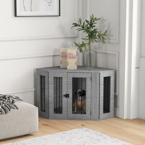 Grey 2 in 1 Dog Crate Furniture Side Table with Cushion,104x55x63cm for Stylish Pet Storage (1/5)