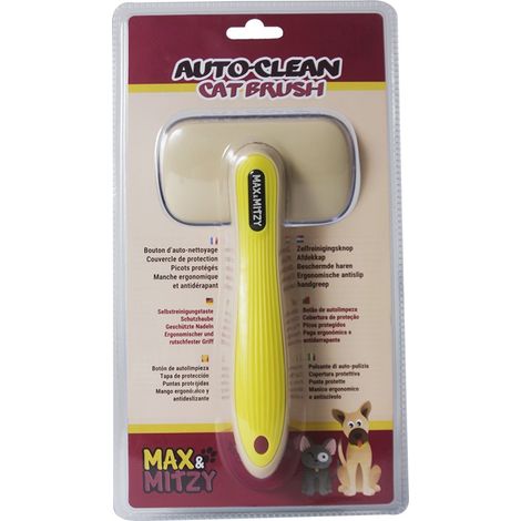 Brosse auto-nettoyante pour chats de MAX&MITZY, manche ergonomique, picots protégés et couvercle de protection
