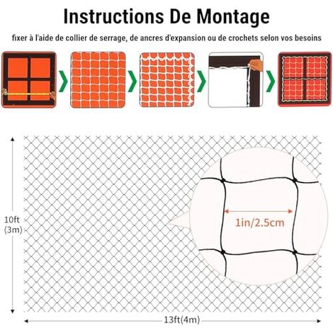 Filet de sécurité nylon anti-chute pour chat, balcon fenêtre escalier, 6m3m blanc, maille 2,5cm, accessoires inclus (1/4)