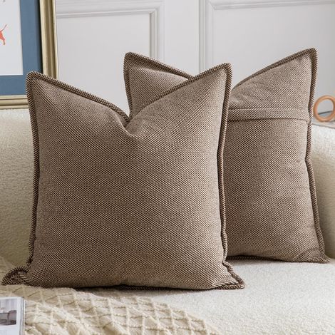 Lot de 2 Housses de coussin, Chenille, Bordure décorative, Fermeture éclair, Canapé Chambre Salon, Marron, 45x45 cm