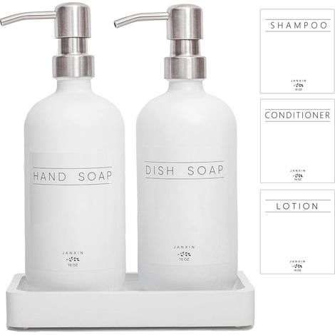 Distributeur de Savon en Verre pour Cuisine, 473,6 g, Distributeur de Savon pour Les Mains et la Vaisselle avec Pompe en Acier Inoxydable et Plateau en Bois (1/5)