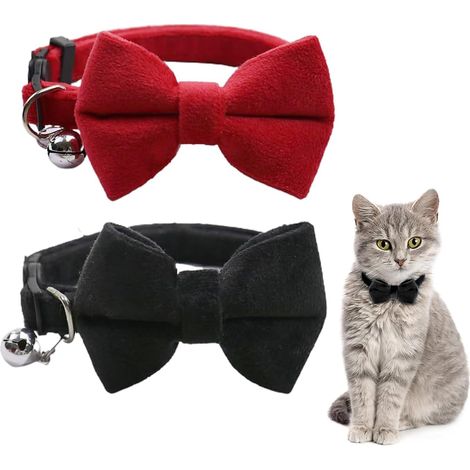 Lot de 2 Colliers en Velours pour Chat avec Clochette et nœud Papillon, Colliers réglables pour Chat, Chaton, Petit Chiot, nœud Papillon de sécurité, Couleur Unie, pour Mariage (1/5)