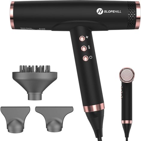 Sèche-cheveux ionique, 110 000 tr/min, moteur sans balais, séchage rapide, avec diffuseur magnétique, faible bruit/technologie biocéramique, pour la maison, les voyages, le salon (noir mat) (1/5)