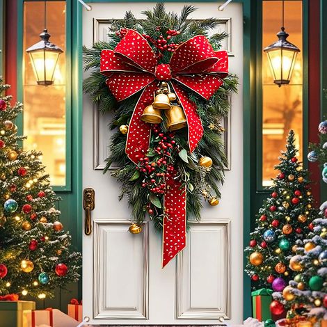 Décorations de Noël 2026 - Bannières, nœuds, décorations de Noël, rideaux de porte - 90 x 190 cm (élastique) - QL-4