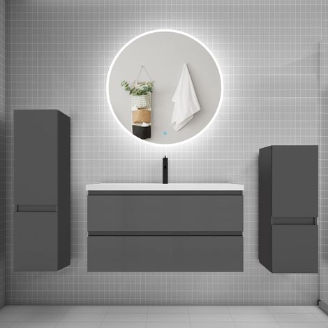 Ensemble meuble vasque L.99cm 2 tiroirs + lavabo + LED miroir rond 90cm + 2colonne,anthracite (1/5)