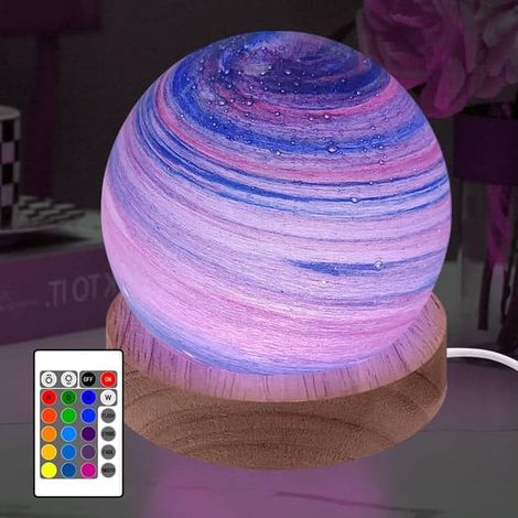 BelleRise - Lampe planète LED 3D, veilleuse RGB à intensité variable, socle en bois, décoration de chambre, 8 cm, Noir (1/5)