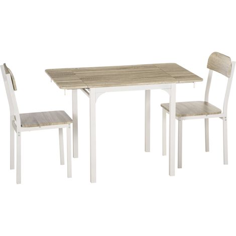 HOMCOM 3 TLG Esszimmergruppe Essgruppe mit 2 Stühlen und 1 Tisch Esstisch Set mit Klappbarer Tischplatte für Küche kleine Raume Stahl MDF Natur+Weiß 110 x 70 x 75 cm