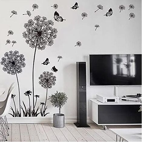 Wall stickers DANDELION FLOWERS black (165x130 cm) I butterfly plants branch tree I wall sticker sticker for living room bedroom kitchen office adult child