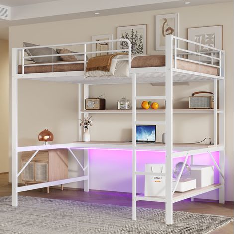 Letto a soppalco in metallo e MDF bianco 140x200 cm con scrivania, scaffale, LED, USB e presa (1/5)