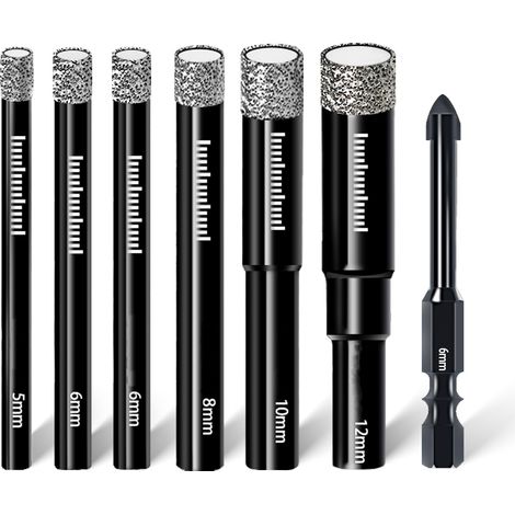 7-teiliges Set Trocken-Diamantbohrer &amp Fliesenbohrer für Keramik, Porzellan, Marmor, Granit, Stein, Glas – Rundschaft 5mm, 6mm(x2), 8mm, 10mm, 12mm + 1 Stück Mauerbohrer 6mm (1/5)