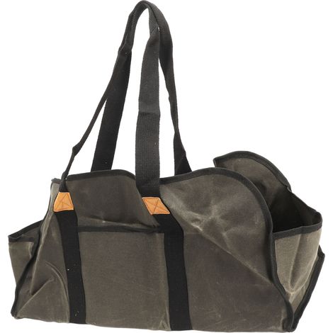 Sac à bûches pliable et antidérapant en toile cirée vert foncé, imperméable, grande capacité, avec poignées renforcées, idéal pour le camping et les poêles à bois. (1/5)