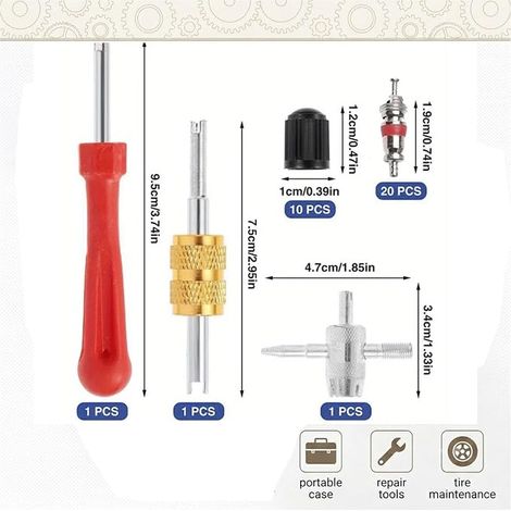 Kit de Dépose de Valve de Pneu Outil de Réparation avec Obus de Valve Argentés Démonte-obus Outil de Valve et Capuchons pour Voitures Vélos Motos Camions (1/4)