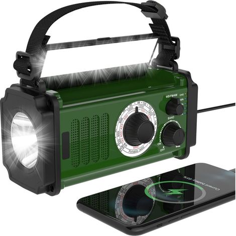 Radio d'urgence extérieure - Radio d'urgence solaire à dynamo - Radio portable - 10 000 mAh - Radio multifonctionnelle - Verte - ABS