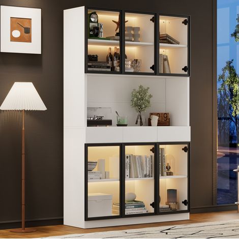 Vitrine haute 120 x 36 x 200 cm avec LED, 6 portes, 3 tiroirs, blanc et cadre noir HAVRYA (1/5)