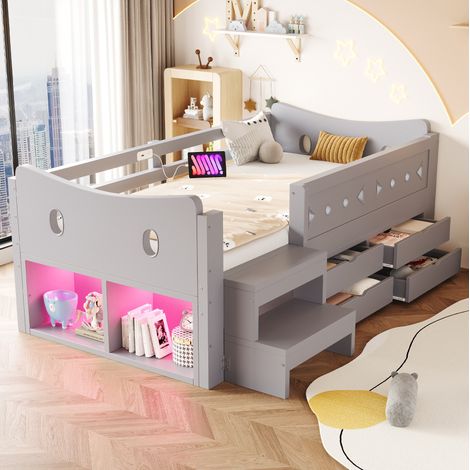 Letto per bambini 90 x 200 cm con contenitori, sponde di sicurezza, LED, USB e Type-C grigio HAVRYA (1/5)