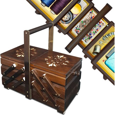 Caja de costura de madera, contenedor de hilo, accesorios de costura, tallada (1/5)