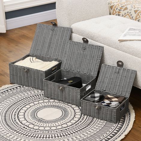 Set de 3 paniers en rotin PP avec couvercles assortis, gris, tailles différentes (1/5)