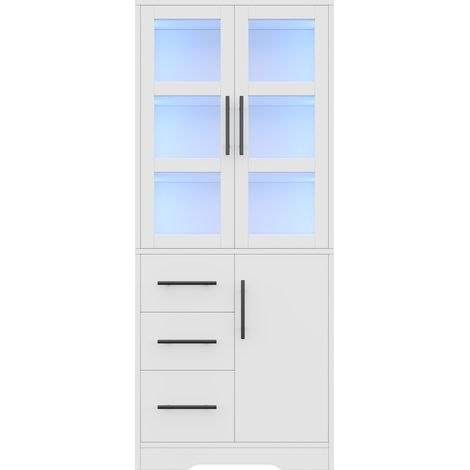 CAIzi72x35x170 cm armoire de salle de bain, meuble de rangement LED, portes vitrées doubles, 3 tiroirs et 2 placards, éclairage LED contrôlé par application, étagères réglables, poignées noires, blanc (1/5)