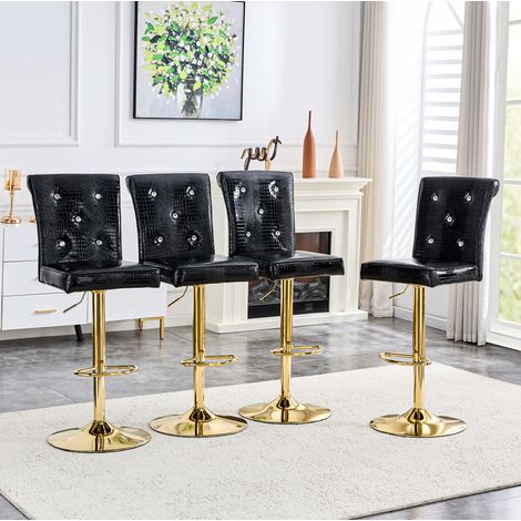 Set di 4 sgabelli bar vintage in PVC nero, effetto coccodrillo, dettagli cristallo, seduta imbottita (1/5)