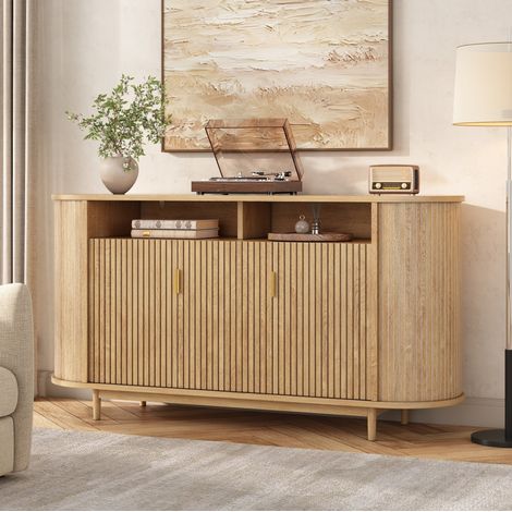 Credenza 3 ante effetto legno con vani contenitore 140 x 40 x 78 cm, gambe in pino DESVIAE (1/5)
