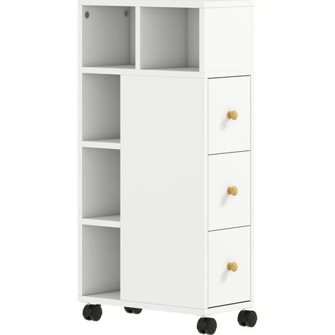 CHICFURN Mobile bagno stretto 20x40x80 cm in legno bianco con ruote, 3 cassetti (1/5)