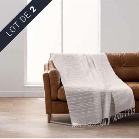 Lot de 2 plaids LILIA 180 x 220 cm – 100 % coton – Plaid à franges naturel (1/4)