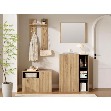 Mobile da ingresso completo con specchio scarpiera panca contenitore e appendiabiti - mdf e truciolato - 120x35x123 cm - effetto legno naturale e nero (1/5)