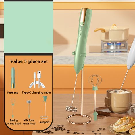 Mousseur à lait portatif, fouet électrique pour boissons, mélangeur à mousse avec 2 têtes et 1 support, 3 vitesses réglables, mini mousseur à café vert pour latte, cappuccino...