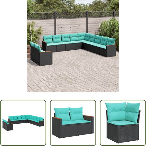 Gartenmöbel - 11-teiliges Gartensofa-Set mit Kissen, schwarzes Polyrattan (1/5)