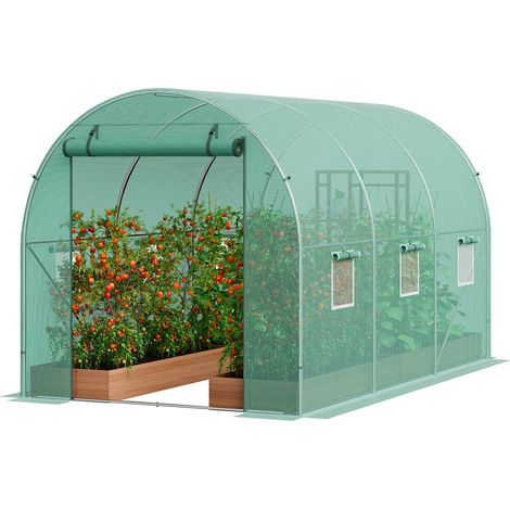 Serre Tunnel Jardin, 292x196x190 cm, Tente Abri Plantes avec Cadre en Acier Galvanisé, Couverture en PE Verte, Porte à Glissière Enroulable, 6 Fenêtres, pour Extérieur Cultiver Légumes Fleurs (1/5)