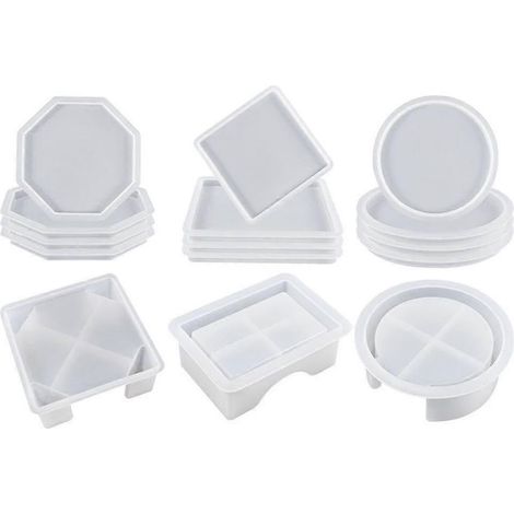 15 moules en silicone pour sous-verres en résine, avec supports pour formes rondes, carrées et octogonales. (1/5)