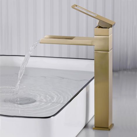 1 Mitigeur Lavabo, Bec Cascade, Rotation 360°, Acier Inoxydable, Or Brossé, Salle De Bain (1/5)