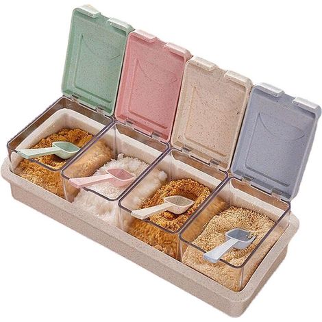 Boîte à épices en paille de blé, pot à épices, organisateur de condiments à 4 compartiments avec 4 cuillères, rangement créatif pour la cuisine, sel, poivre, sucre, café (1/5)