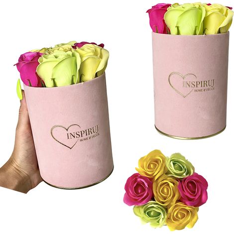 Flowerbox Inspiruj - Scatola rosa con rose di sapone - n. 17 Mix fucsia verde giallo (1/5)
