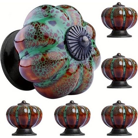 Lot de 6 boutons de porte en céramique forme citrouille - Décoration vintage pour tiroirs, commodes et meubles