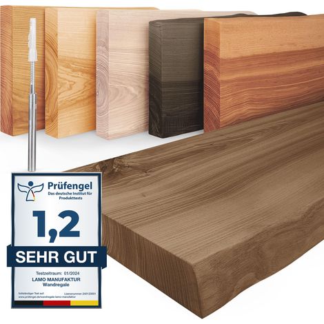 LAMO Manufaktur Étagère murale en bois massif, bord irrégulier, étagère flottante montage INVISIBLE Marron noisette 70cm, LW-01-A-005-70W (1/5)