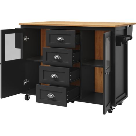 Isla de cocina con ruedas 137,9 x 73 x 92,5 cm MDF y metal negra con 4 cajones (1/5)