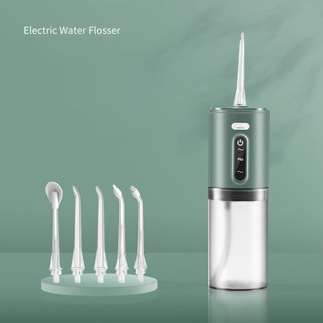 Brosse à dents sans fil, hydropulseur portable Nettoyage en profondeur, soins bucco-dentaires efficaces, ensemble de cinq buses (vert) (1/5)