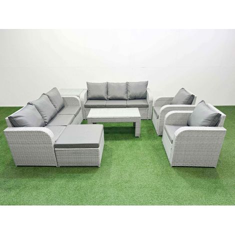 Fimous PE Rattan High Back Lounge Sofa Set Patio Oblong Coffee Table & Chairs Set with 3 Seater Sofa Reclining Chair Big Footstool Side Table Light Grey (1/4)